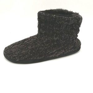 Dearfoams Womens Pull On Bootie Slipper Black Faux Fur Lined Flat Heel Sz M 7-8‎